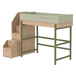 Lit Mezzanine Escalier Popsicle - Chêne/Kiwi