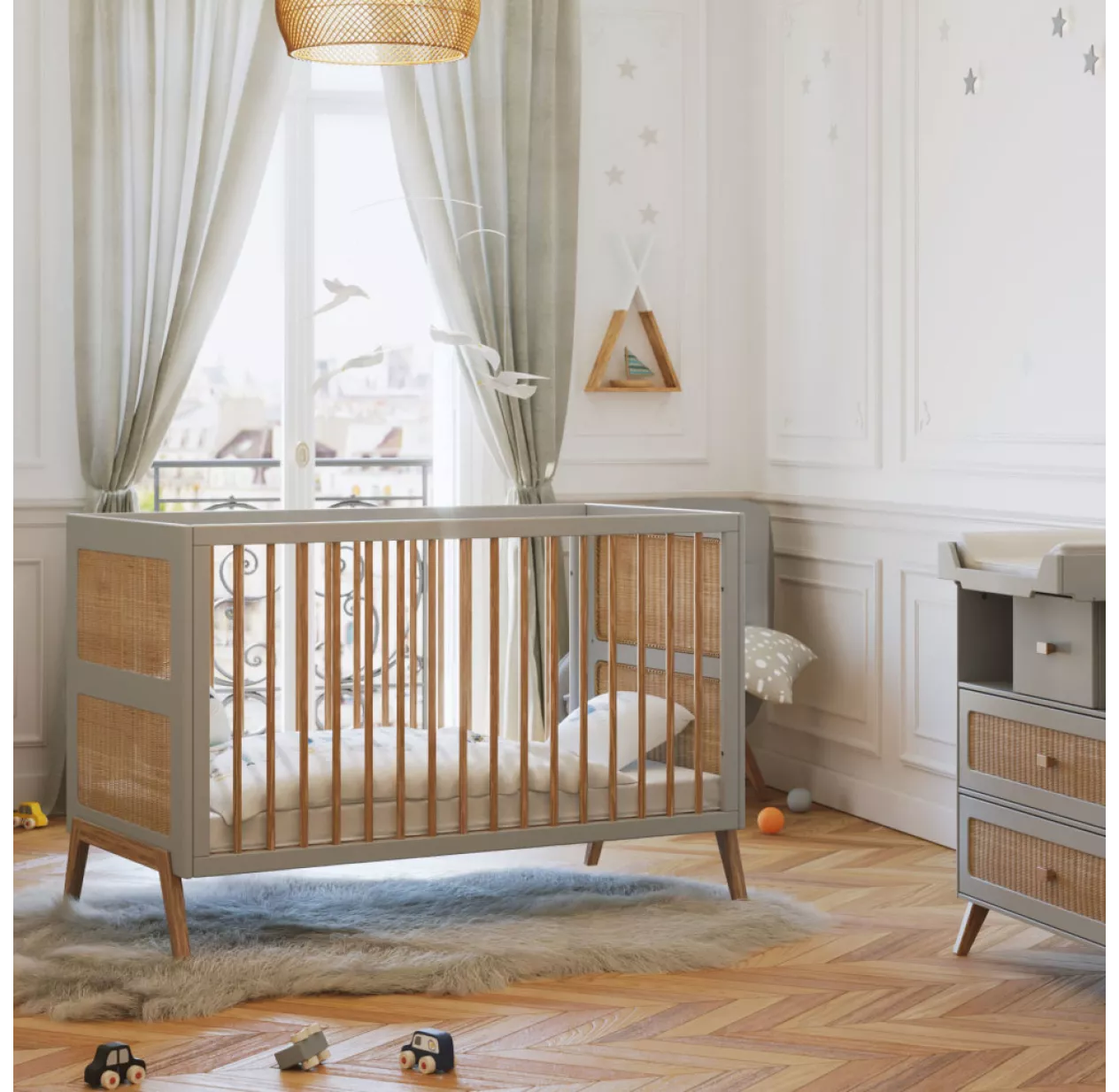 Lit Bébé évolutif Cèdre Et Rotin Marélia 70x140cm - Lune 4 Lit Bébé évolutif Cèdre Et Rotin Marélia 70x140cm - Lune – Image 2