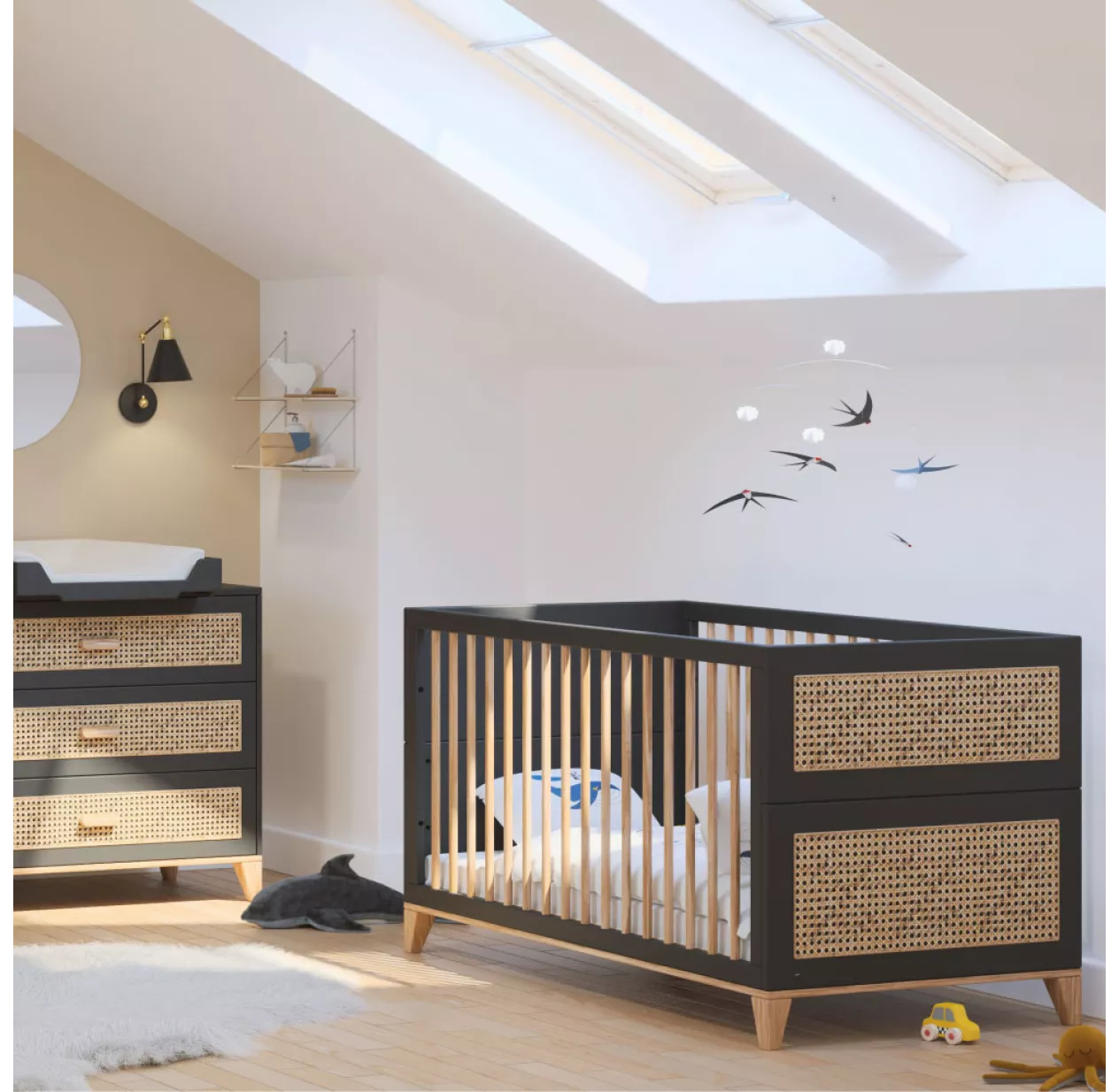Lit Bébé évolutif Bois Et Cannage Rotin Nami 70x140cm - Noir 4 Lit Bébé évolutif Bois Et Cannage Rotin Nami 70x140cm - Noir – Image 2